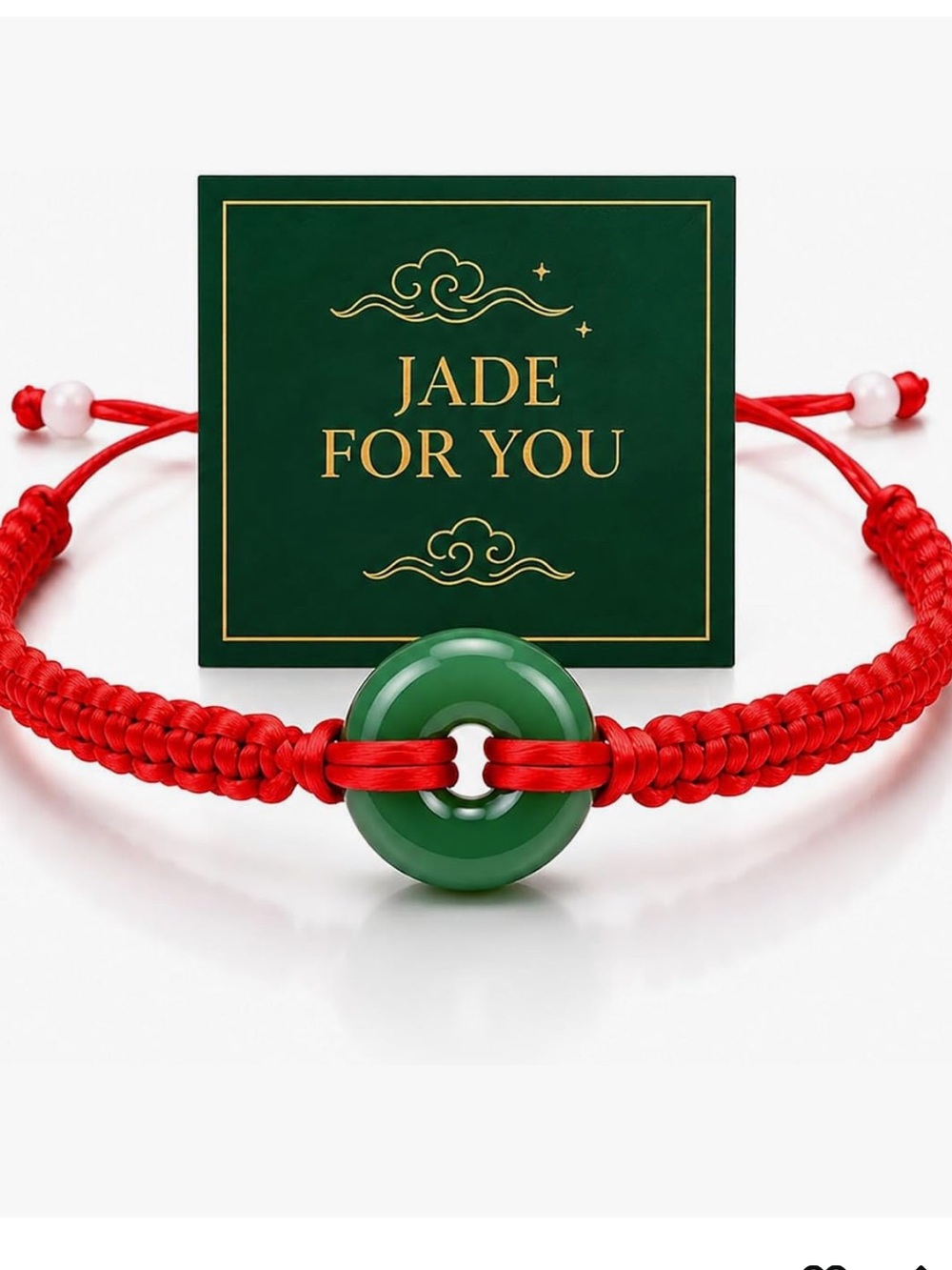 #2591**Green Jade Donut Bracelet with Red Cord